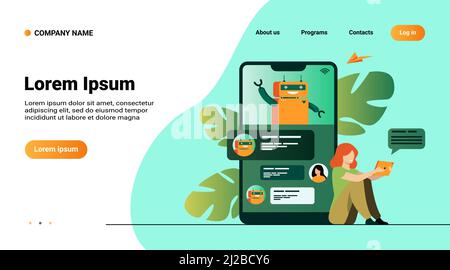Tiny woman using mobile assistant with chatbot isolated flat vector illustration. Modern customer support online. Conversation and digital technology Stock Vector