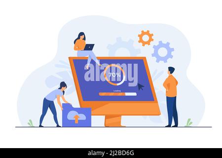 Tiny programmers upgrading operation system of computer isolated flat vector illustration. Cartoon IT specialists updating software, programs and appl Stock Vector