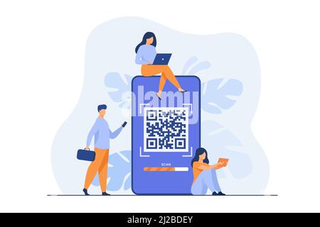 Tiny people using QR code for online payment isolated flat vector illustration. Cartoon infographic characters using smartphone for scan of QR code. D Stock Vector