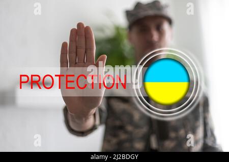 Ukraine flag and virtual button protection Stock Photo