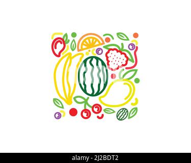 Fruits Arrangement Ornament Contour, Fruits Store and Groceries Vector Stock Vector