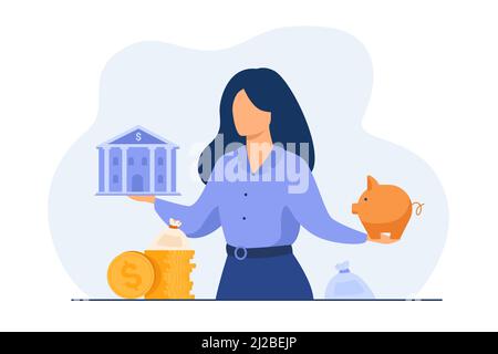Woman choosing between bank and piggybank, choosing instrument for saving, planning budget or loan. Vector illustration for personal finance or econom Stock Vector
