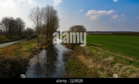 Aerial view looking along the Little Stour River, towards Plucks Gutter ...