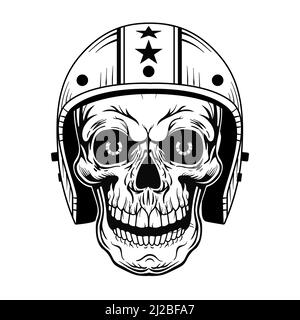Vintage skull in helmet vector illustration. Monochrome dead head of biker. Tattoo design and motorcyclist club concept can be used for retro template Stock Vector