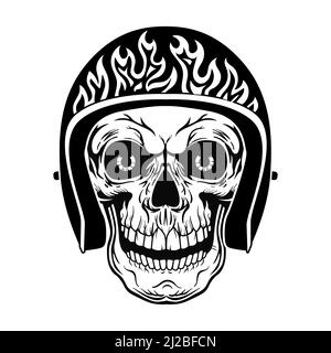 Vintage skull in helmet with flame vector illustration. Black dead head of biker. Tattoo design and motorcyclist club concept can be used for retro te Stock Vector