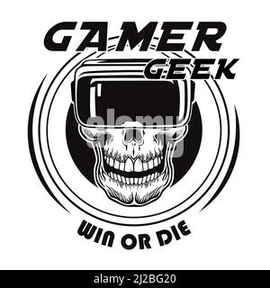 Vintage skull in virtual reality glasses vector illustration. Black dead head of gamer in VR. Videogame and computer tournament concept can be used fo Stock Vector