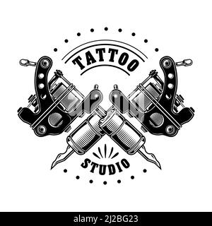 Vintage tattoo studio badge vector illustration. Monochrome crossed equipment for professionals. Tattoo design and style concept can be used for retro Stock Vector