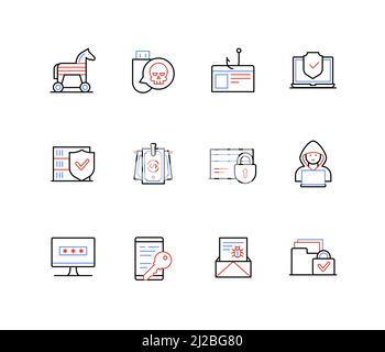 Online data theft and bugs - line design style icons Stock Vector