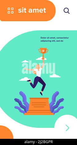 Woman celebrating victory. Girl holding gold cup on winner podium flat vector illustration. Winning, success, achievement concept for banner, website Stock Vector