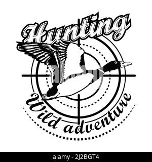 Hunting adventure vector illustration. Aiming at flying duck with text. Hunting animals concept for club and community emblems templates Stock Vector