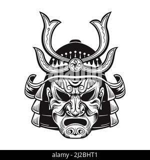 Japanese ninja in black mask. Japan traditional vintage warrior isolated vector illustration. Military art and design elements concept Stock Vector