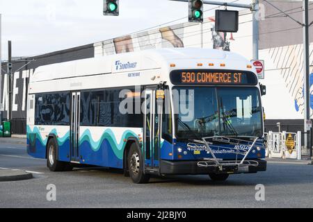 Seattle - March 29, 2022; Sound Transit bus operated by Pierce Transit in downtown Seattle.  The bus is powered by compressed natural gas clean energ Stock Photo