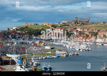 View of Whitby harbour showing the Church and Abbey. Stock Photo