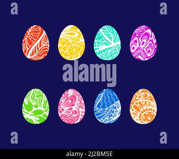 Colorful Easter eggs with hand drawn ornate white tangle pattern. Set of isolated vector design elements Stock Vector