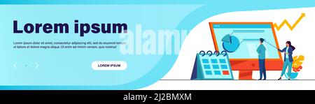 Young tiny analysts preparing monthly report. Calendar, chart, arrow flat vector illustration. Statistics and digital technology concept for banner, w Stock Vector
