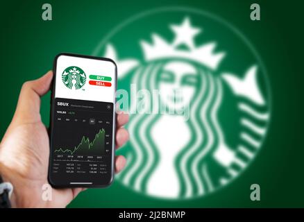 New York, USA, November 2021: Hand holding a phone with Starbucks corp. stock chart and buy and sell buttons on the screen. Financial investment and b Stock Photo