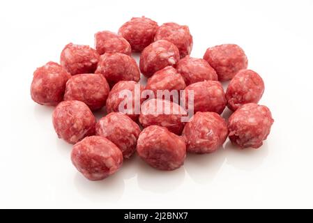Raw meatballs isolated on white background. High angle and copy space Stock Photo