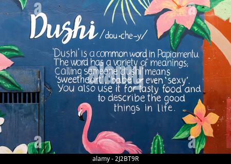 artistic mural of the Papiamentu word 'dushi' in Willemstad, Curacao Stock Photo