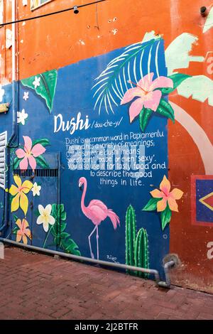 artistic mural of the Papiamentu word 'dushi' in Willemstad, Curacao Stock Photo