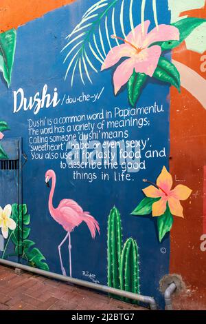 artistic mural of the Papiamentu word 'dushi' in Willemstad, Curacao Stock Photo