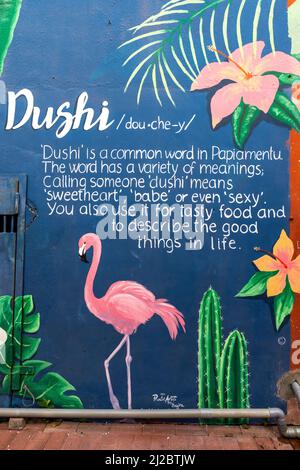 artistic mural of the Papiamentu word 'dushi' in Willemstad, Curacao Stock Photo