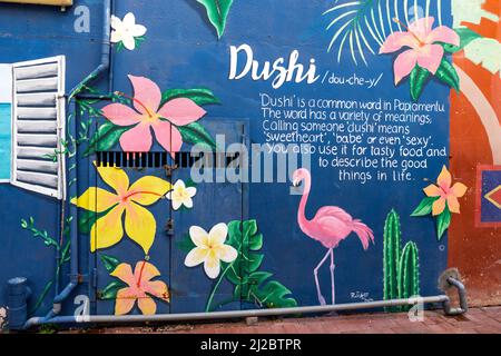 artistic mural of the Papiamentu word 'dushi' in Willemstad, Curacao Stock Photo