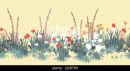 Spring garden seamless border. Meadow flowers and grass blooming background. Rustic garden landscape vector illustration Stock Vector