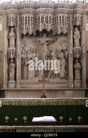 Long Melford interior stained glass window Stock Photo