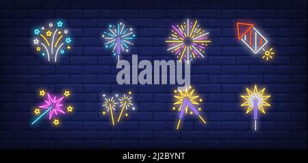 Festive firework neon sign set. Cracker, petard, explosion, sparkler. Vector illustration in neon style, bright banner for topics like New Year party, Stock Vector