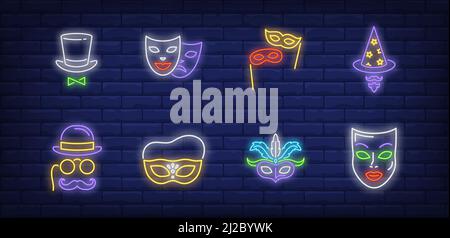 Festive masks neon sign set. Hats, moustache, eyeglasses on sticks. Vector illustration in neon style, bright banner for topics like New Year party, h Stock Vector