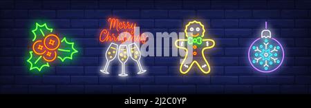 Merry Christmas neon sign set. Holly, Christmas ball, gingerbread man. Night bright advertisement. Vector illustration in neon style for banner, billb Stock Vector
