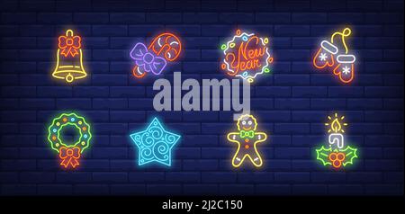 New Year decor neon sign set. Bell, fairy lights, wreath, gingerbread, candle. Vector illustration in neon style, bright banner for topics like Christ Stock Vector