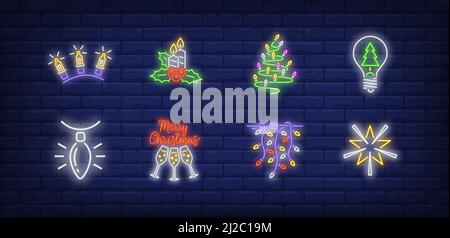 New Year decoration neon sign set. Fairy lights, garland, strands. Vector illustration in neon style, bright banner for topics like Xmas, Christmas, d Stock Vector