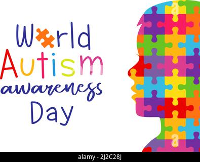 Autism Awareness Day colored puzzle, April 2. Colorful puzzles and kids face, creative banner. Isolated vector graphic design template Stock Vector