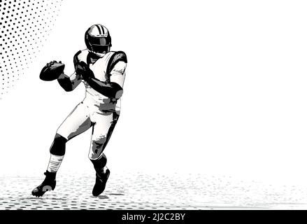 The silhouette of a football player with a ball on a grunge background, with the imposition of various textures in the form of spots. American footbal Stock Vector