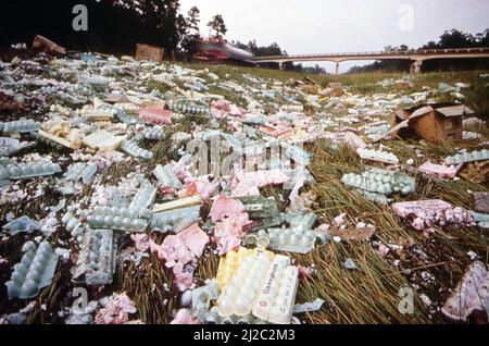 A three hundred dozen egg misunderstanding on Interstate 59, fifty miles north of Birmingham  ca.  1972 Stock Photo