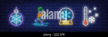 Winter neon sign set. Bauble with snowflake, thermometer, snowfall. Vector illustration in neon style for topics like December holidays, Christmas vac Stock Vector