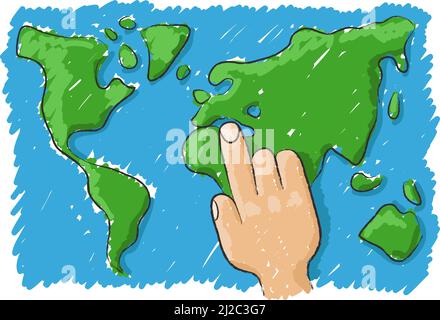 Hand pointing to the world, environment protection, vector illustration. Stock Vector