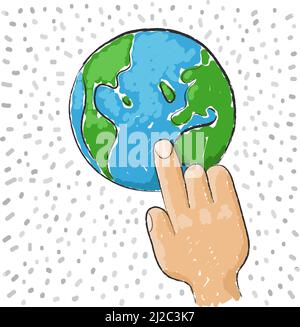 Hand pointing to the world, environment protection, vector illustration. Stock Vector