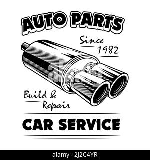 Auto parts vector illustration. Chrome double exhaust pipe, build and repair text. Car service or garage concept for emblems or labels templates Stock Vector