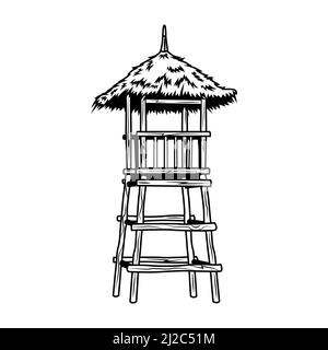 Black wooden lifeguard tower vector illustration. Vintage promotional sign for concert or music festival. Hawaii and tropical vacation concept can be Stock Vector