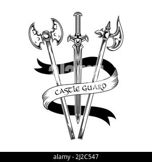 Brave knights weapon vector illustration. Sword and axes, castle guard text on ribbon. Guard and protection concept for emblems or badges templates Stock Vector