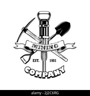 Coal miners tools vector illustration. Crossed twibill, shovel, jackhammer pick, text on ribbon. Coal mining company concept for emblems and badges te Stock Vector