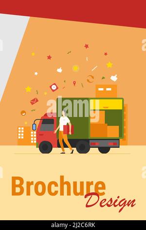 Courier with truck delivering order. Man carrying box from shipping lorry with other packages. Vector illustration for delivery service, transport, lo Stock Vector