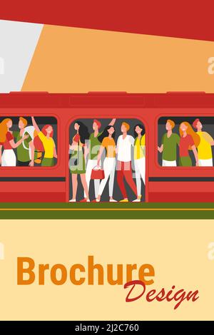 Crowd of happy people travelling by subway train. Passengers standing in overcrowded subway car at station. Cartoon illustration for overpopulation, r Stock Vector