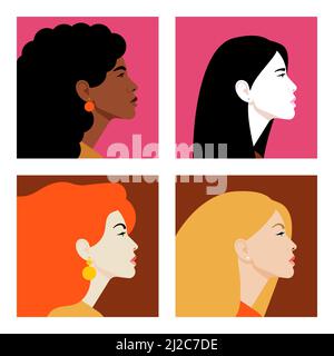 Faces of women in profile. Women different nationalities and cultures. Diversity. Avatars. Vector flat Illustration Stock Vector