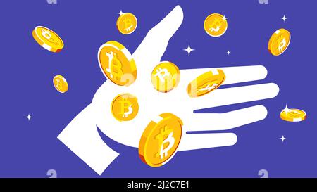 Open palm with gold coins. Hand with random cryptocurrency gold coins falling. The concept of investments, investments, mining, cryptocurrency, income Stock Vector