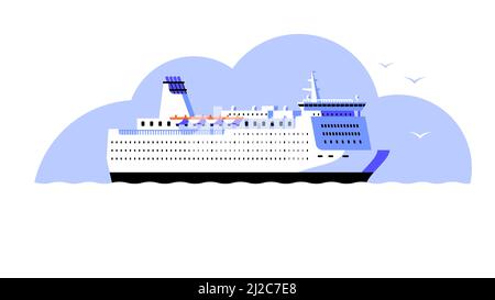 Cruise ship. Ferry. Big white ship in the sea. Vector illustration in a flat style. Stock Vector