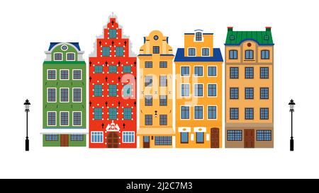 Amsterdam with typical Dutch houses. Holland, the Netherlands. Colorful buildings in one row. Vector illustration on a white background. Stock Vector