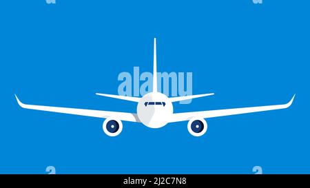 Flying plane, front projection. Large passenger liner in the blue sky. Modern flat illustration. Copy space. Stock Vector